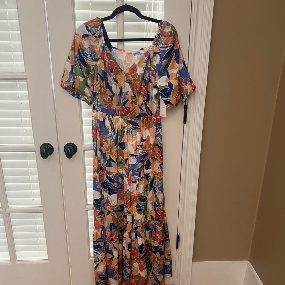 Skies Are Blue Wrap Maxi Dress Blue Orange Flutter Sleeve